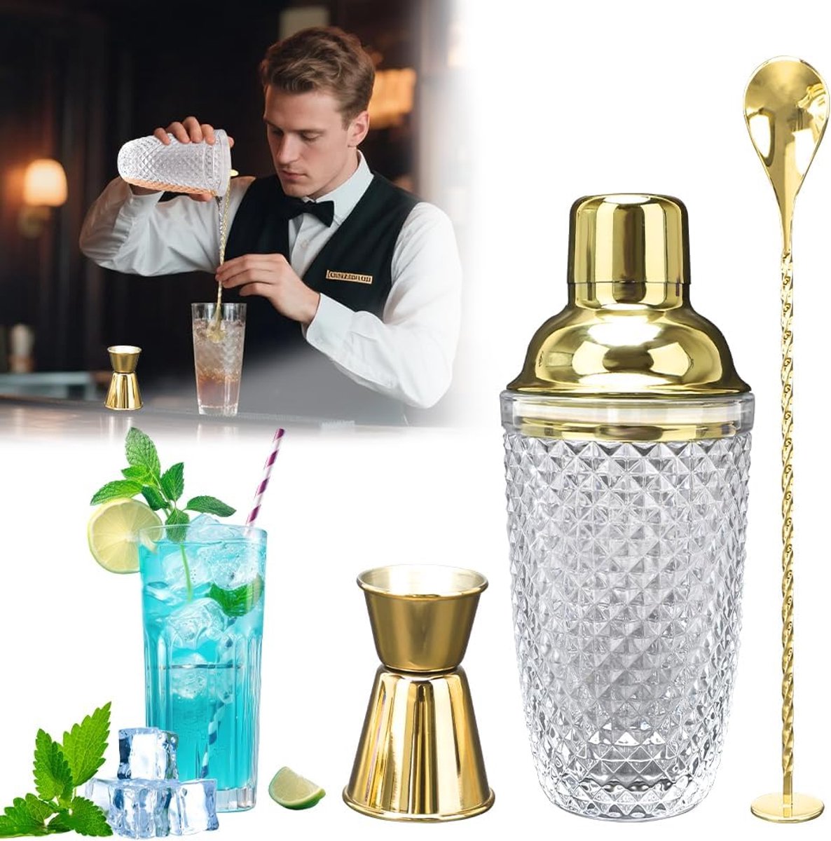 Cocktail Shaker 4-delig - RVS en Glas - Geïntegreerde Zeef - Perfect voor Cocktails - ShopVlot