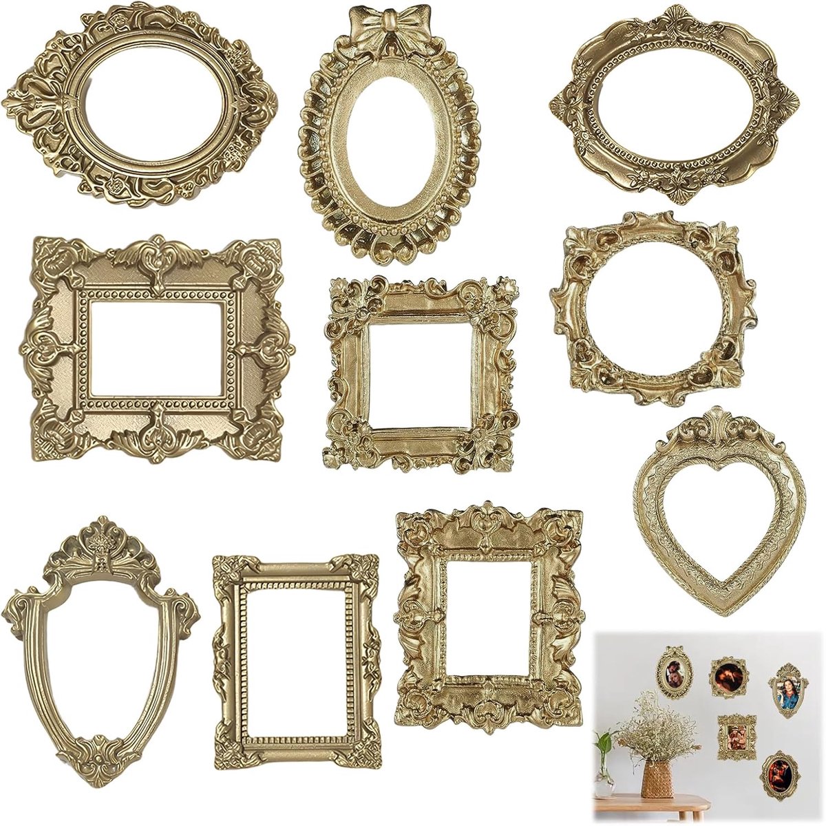 Mini fotolijsten set van 10 - Gouden barok stijl - Unieke vormen en maten - Perfect voor huisdecoratie - ShopVlot