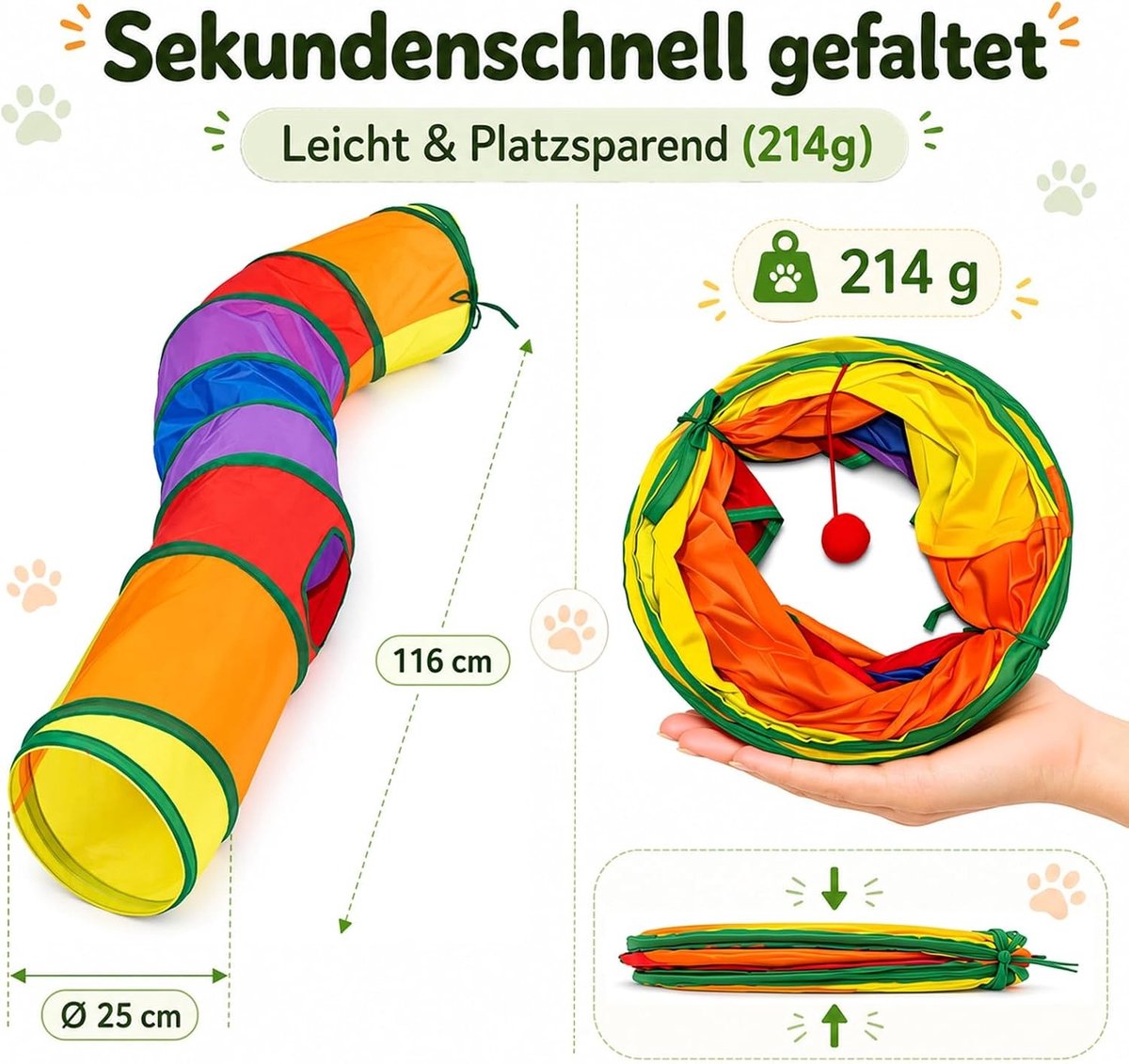 Kattentunnel Opvouwbaar S-Vorm - Multikleur - 116 x 25 cm - Scheurbestendig Polyester met Stalen Frame - Voor Kleine Huisdieren