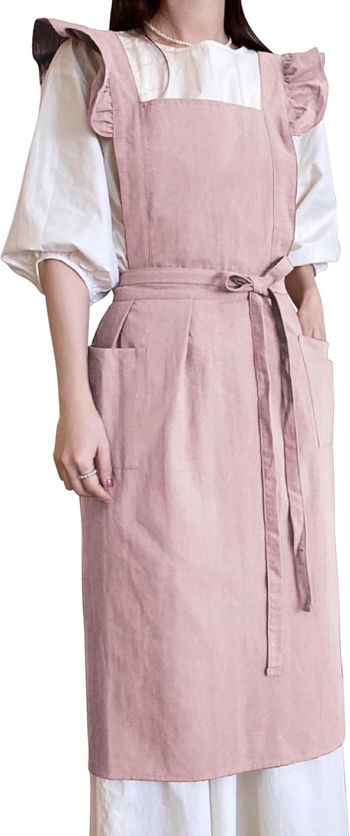 Apron Japanese Style Cotton Retro Aprons Crossed Back Apron With Large Pockets For Bakery, Flower Shop, Coffee House - ShopVlot