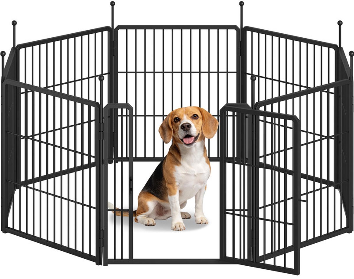 Hzuaneri Hzuaneri Puppyren Metalen Hondenbox, 60 cm Hoog, 8 Panelen, Zwart,Draagbare Afneembare Box, Geschikt voor Binnen en Buiten, Twee Deursloten