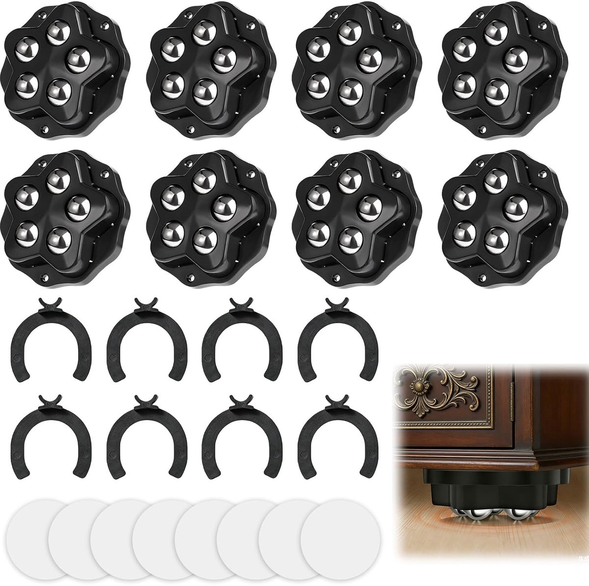 8 wielen voor zware meubels, bolvormige wielen, zelfklevend, zwart, 360° draaibare wielen met rem, 5 stalen ballen per - ShopVlot