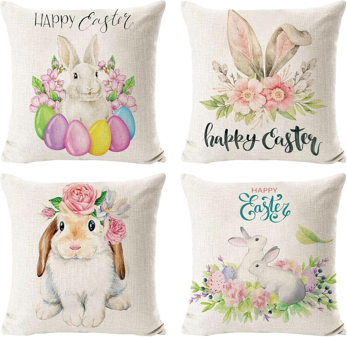 KOIROI Set of 4 Easter Cushion Covers, 45 x 45 cm, Easter Decoration, Linen, Easter Bunny - ShopVlot