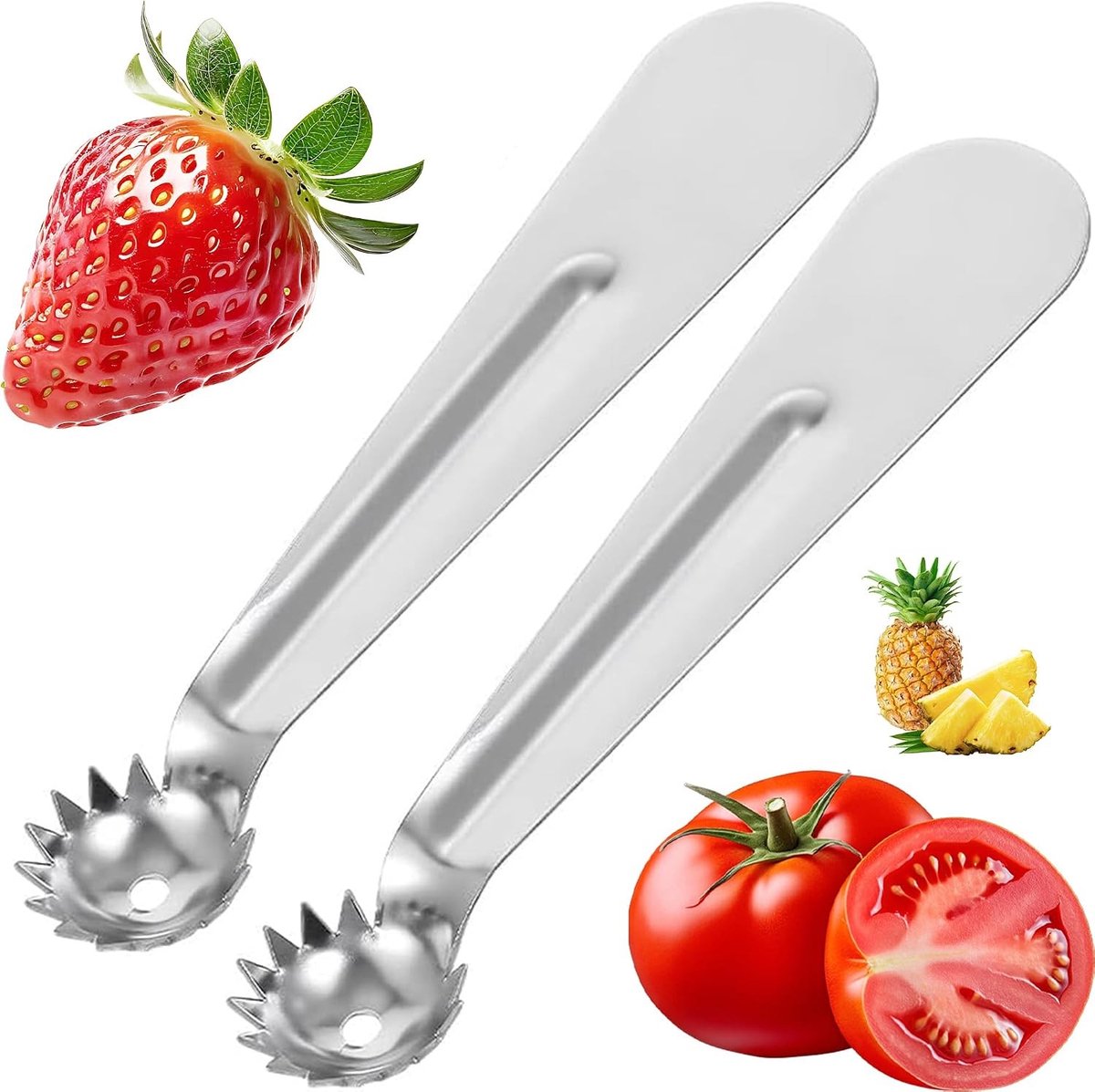 Ergonomische roestvrijstalen steelverwijderaar, multifunctioneel boorgereedschap voor tomaten, aardbeien en meloenen - 2 stuks