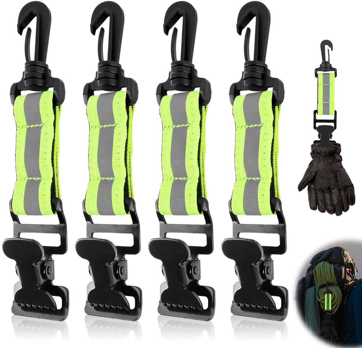 Handschoenhouder 4 Stuks - Groene Clip met Plastic Karabiners - Reflecterende Veiligheid - ShopVlot