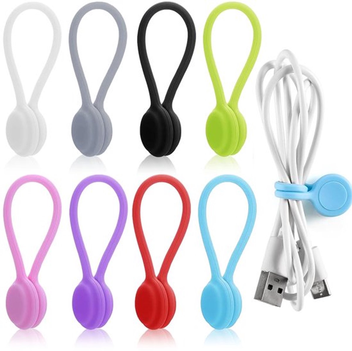 Pakket van 8 Siliconen Magnetische Kabelbinders, Herbruikbaar, voor USB-kabel, Ideaal voor Kantoor, School en Thuis