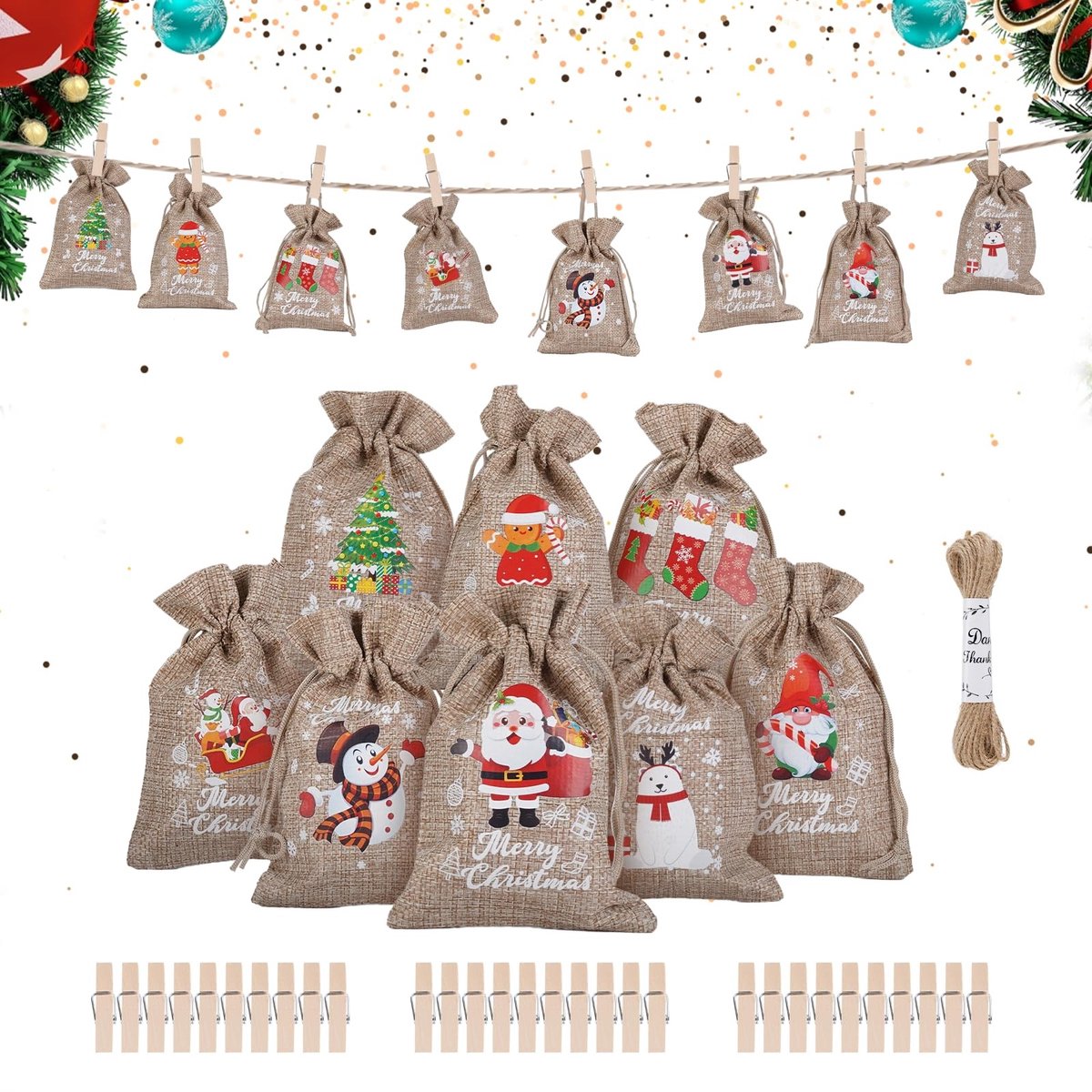 Solidchoice - Set van 24 Jute Zakjes met Houten Clips voor DIY Geschenken