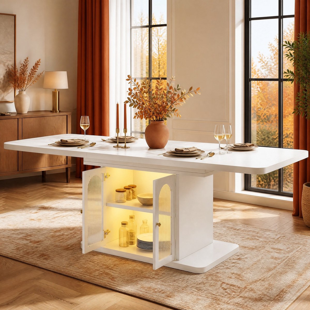DESMIU Eettafel - Uitschuifbaar Met Opbergruimte En Ledverlichting - Voor 6 Tot 8 Personen - MDF - 150 Tot 200x80x76 Cm - Wit