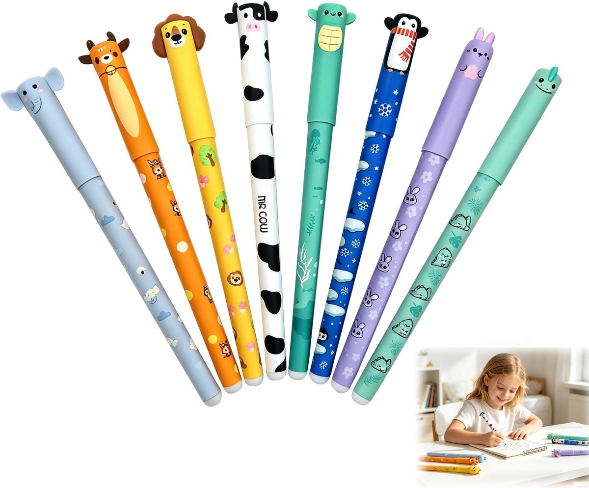 Solidchoice - Set van 8 Uitwisbare Gelpennen met Dierenmotieven