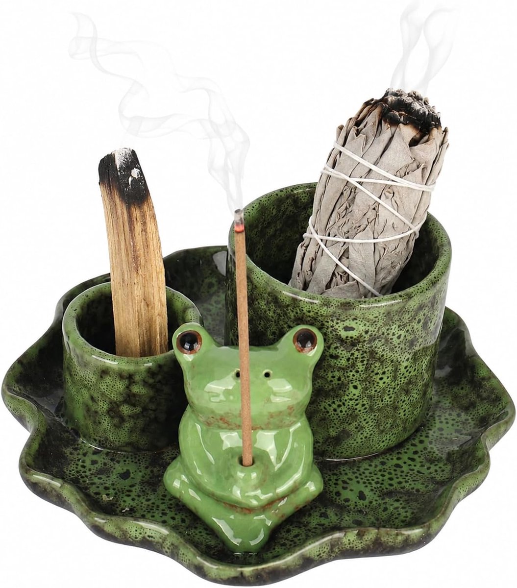 Wierookhouder 4-in-1 wierookstokjeshouder, keramische kikker voor Palo Santo, witte salie, wierookstokjes, theelicht - ShopVlot