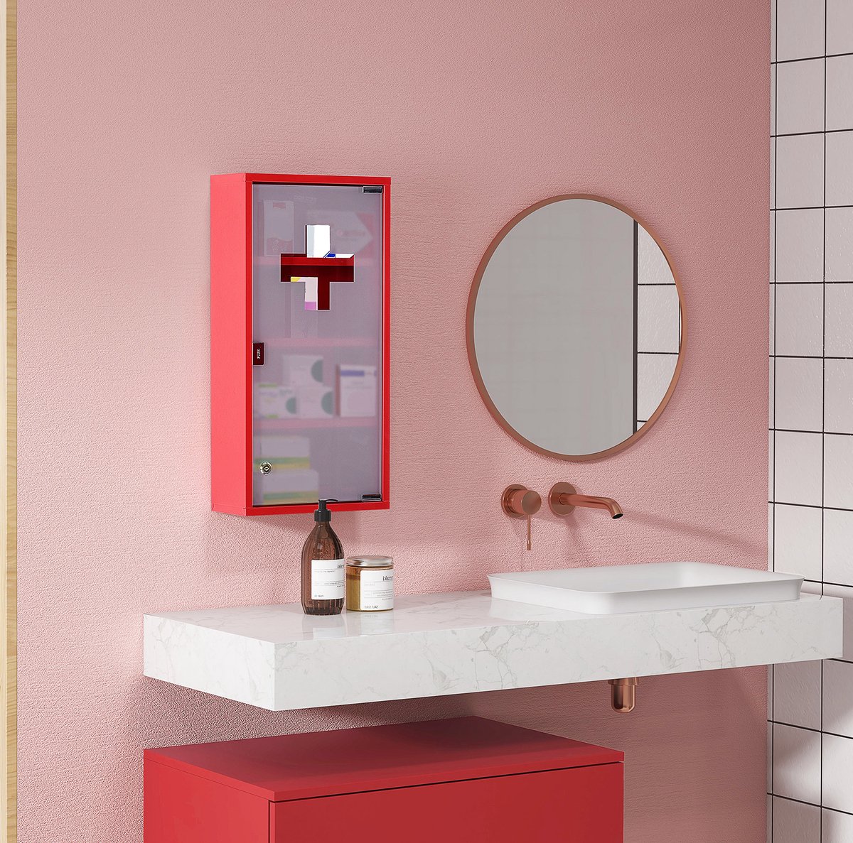 OKWISH Medicijnkast Met Slot En Drukopening - Wandkast Voor Thuis En Kantoor - Staal En Veiligheidsglas - Rood - 30 X 12 X 60 Cm