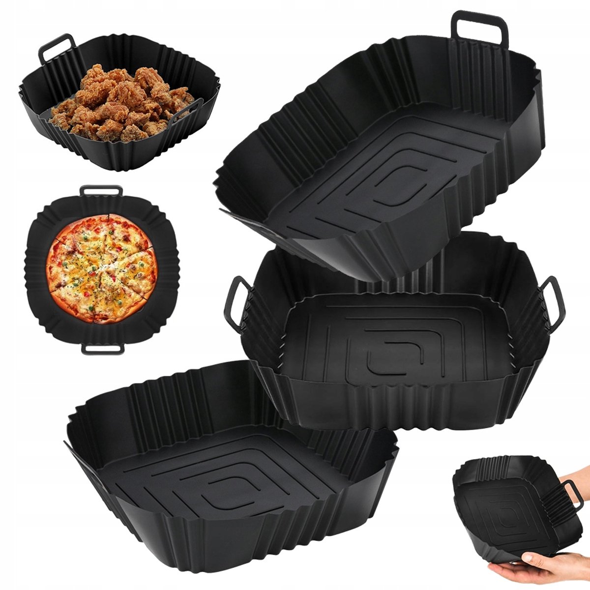Airfryer Accessoires Set - Siliconen Bakvormen - Bakaccessoires - 3 Stuks - Hittebestendig - Met Handvat - 21x16x5 cm - Antiaanbak - Oliefiltergroef - Herbruikbaar - Vaatwasmachine - Voor Vierkante Airfryer van 3-6,5L