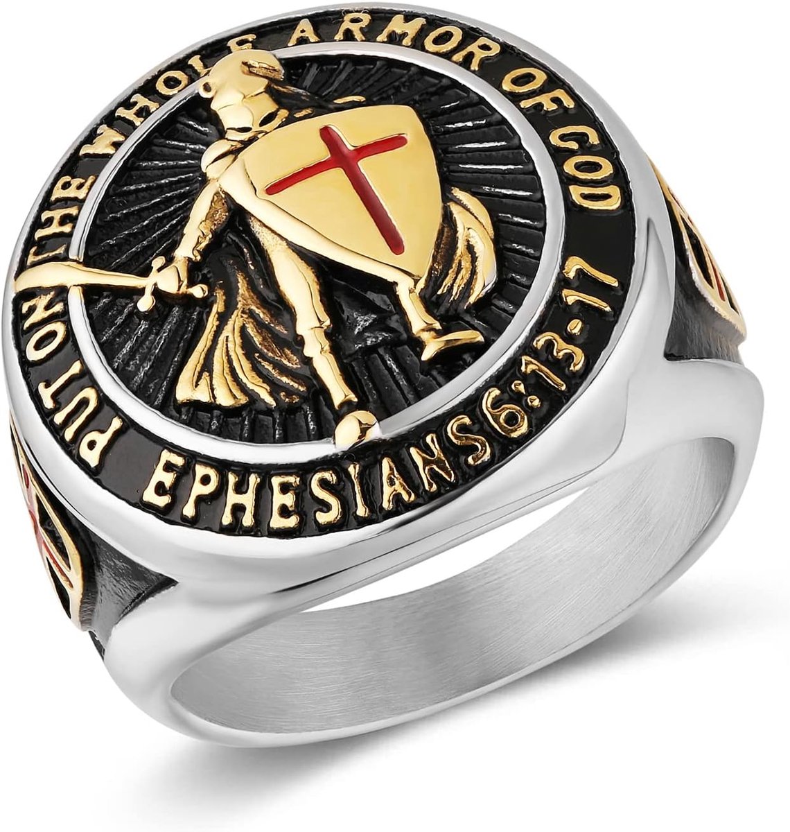HZMAN Knights Templer Put On The Whole Armor of God Ephesians 6:13-17 Men's Ring, Stainless Steel, Red Cross, 10 - ShopVlot