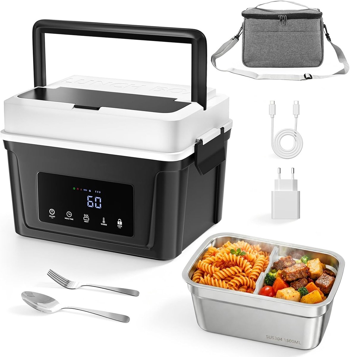 Elektrische lunchbox, 1,5 l, draadloze verwarmde lunchbox, roestvrij staal, zelfverwarmende warmhoudbox met - ShopVlot