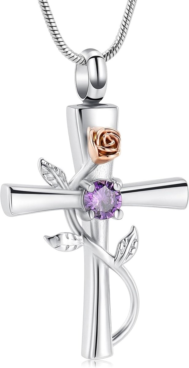 Cremation Cross Urn Necklace for Ash for Women Birthstone Rose Flower Cremation Jewelry for Women Girls Keepsake - ShopVlot