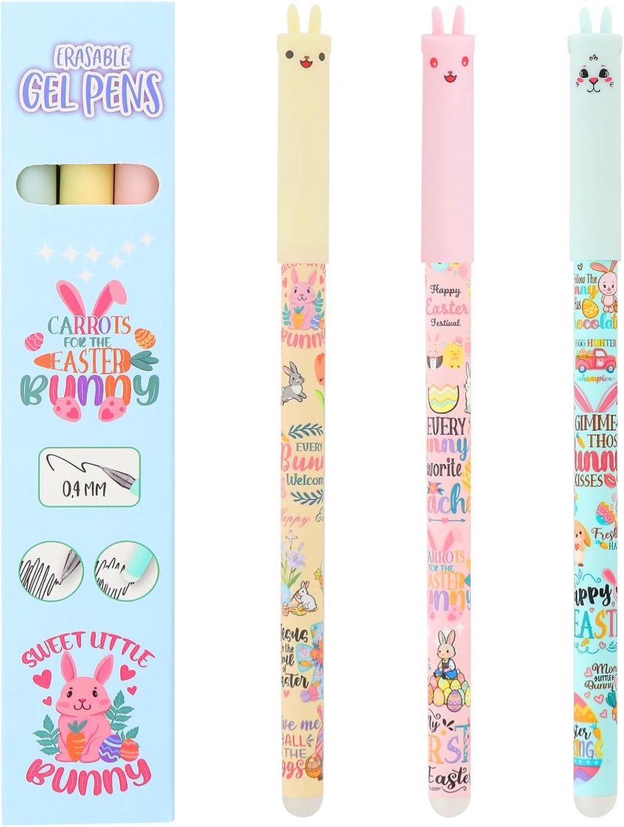 3 Pack Easter Bunny Erasable Pens Gel Ink Stationery Pens with Eraser Heat Sensitive Ink Cute Animal Design for School - ShopVlot