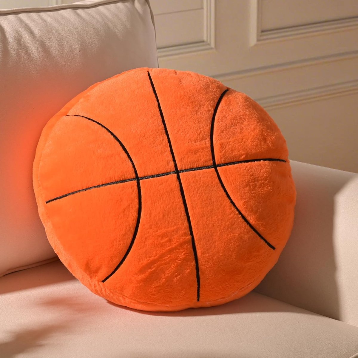 Plush Basketball Cushion, Plush Toy Basketball Seat Cushion Deco, Fluffy Cushions, Creative Room Decor for Kids Rooms - ShopVlot
