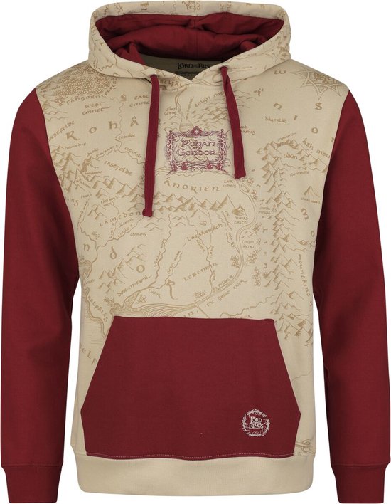 Beige hoodie met all-over landkaartprint, rode mouwen, capuchon en buidelzak. Met "Rohan and Gondor" print op de borst en "Lord of the Rings" logo.