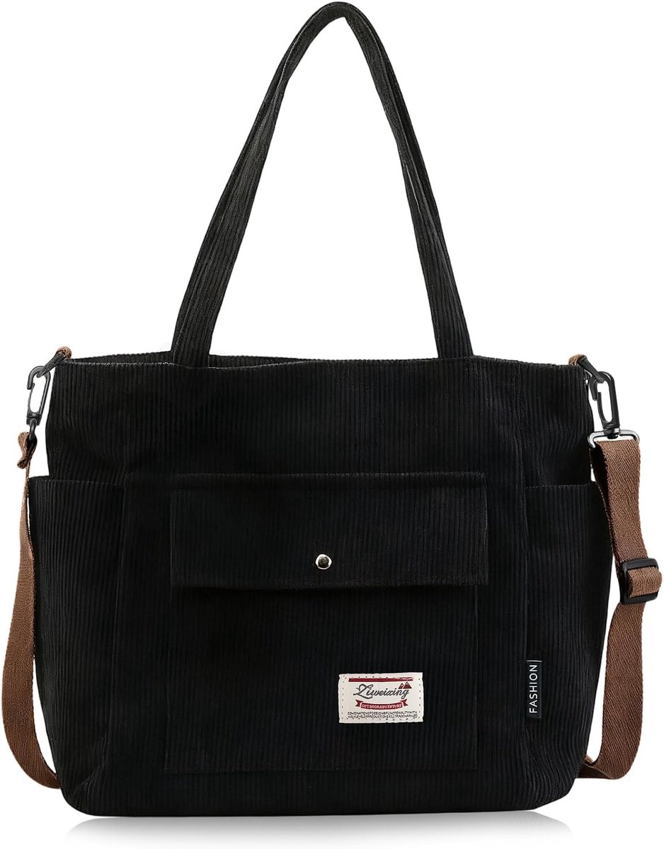 Corduroy bag handbag large ladies shoulder bag tote bag black - ShopVlot