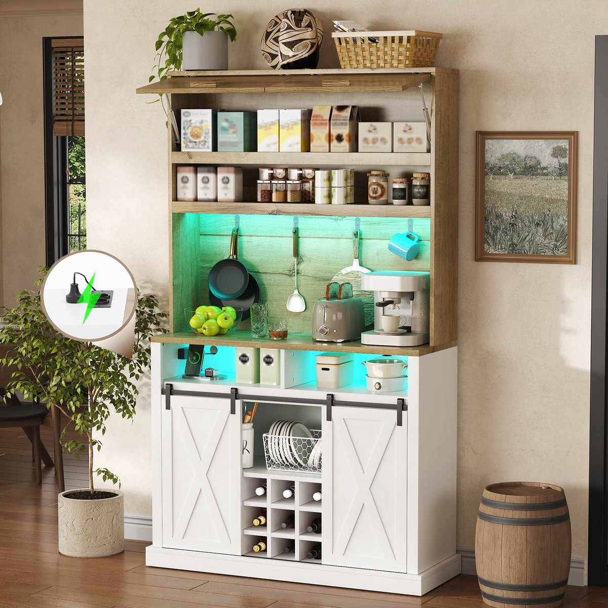 DESMIU Keukenkast - Hoge Opbergkast Met Vitrine En RGB LED - Voor Keuken En Eetkamer - MDF - 110x42x191 Cm - Naturel Wit