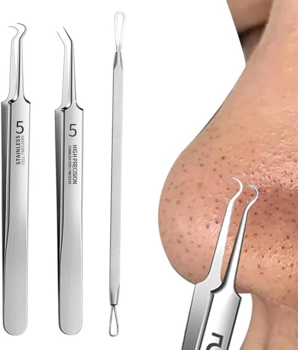 Set van 3 Schoonmaaktools voor het Verwijderen van Mee-eters: Haak, Gehoekte Pincet en Acne Lancet van RVS met Opbergdoos voor Huidverzorging
