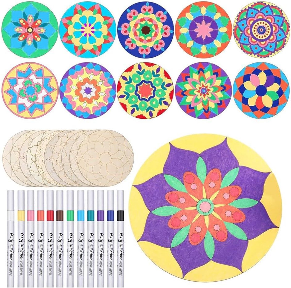 22 stuks houten mandala schilderset, 10 mandala-onafgewerkte houtuitsparingen met 12 markeringen voor knutselen - ShopVlot