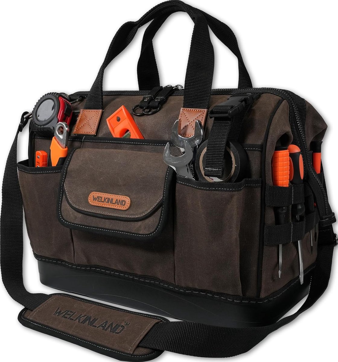 WELKINLAND 45-Pocket Waxed Canvas Tool Bag, 16" Heavy Duty Electrician Tool Bag with Hard Bottom & Quick Access - ShopVlot