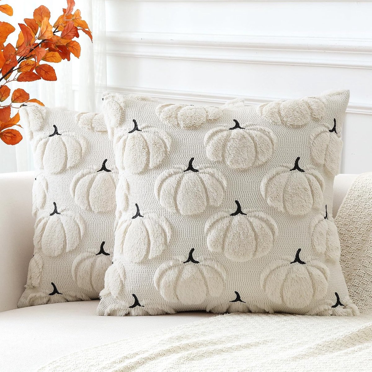 Kussenslopen 50 x 50 cm - korte wol fluweel - pompoen design - zachte herfstdecoratie - ShopVlot