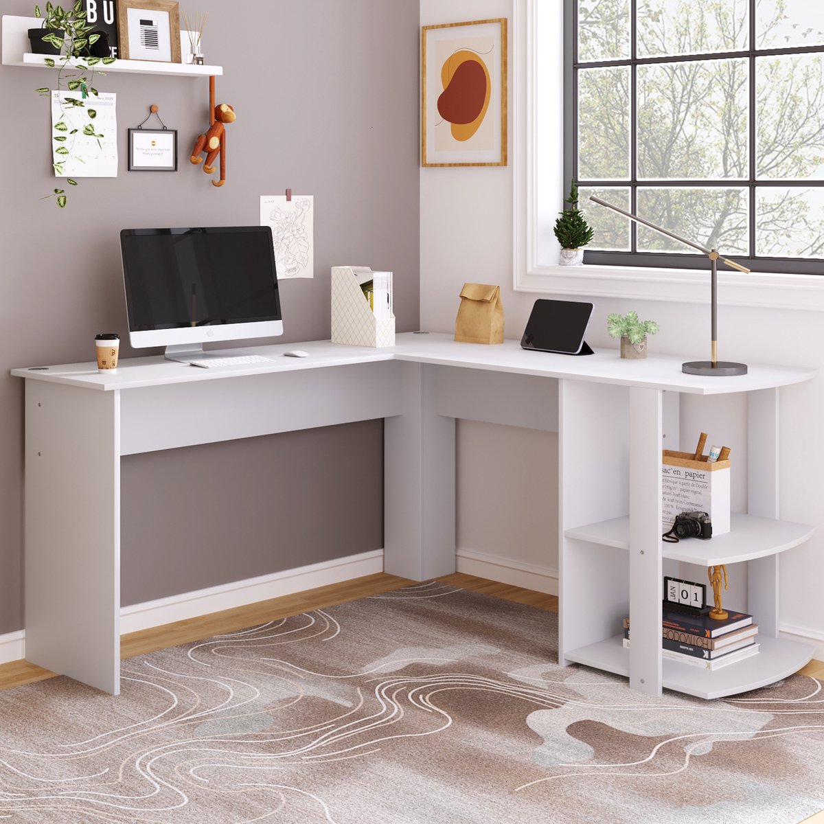 L-vormig Bureau 140x140 cm - Hoekbureau Met Opbergruimte En 2 Legplanken - Ruim Computerbureau Voor Thuiswerken - Wit