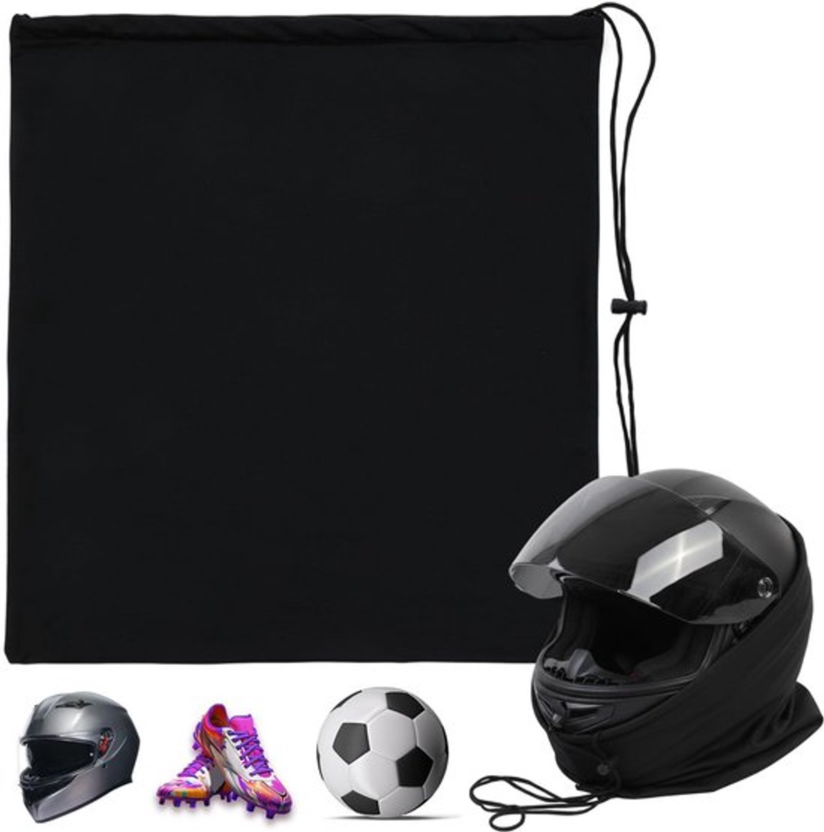 Helmtas met trekkoordvergrendeling - Zwart - Polyester - Lichtgewicht - Grote capaciteit - 44 x 48 cm - Helmhoes