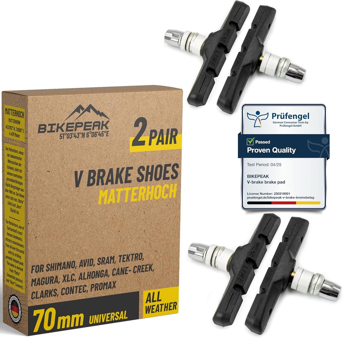 V-brake blokken 70 mm - 2 paar remblokken - duurzaam voor all-weather - betrouwbare remprestaties - ShopVlot