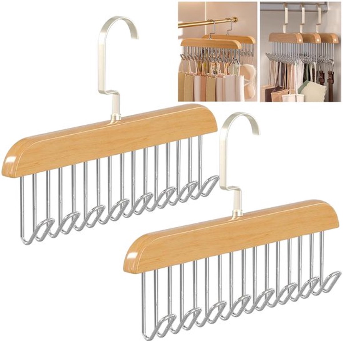 Kleerhanger met 8 Haken - Houten Riemhouder - Draaibaar - 28 x 18 x 3 cm - Kledingrek - Stropdas Hanger - Hoogwaardig Natuurlijk Hout - Dassenhanger