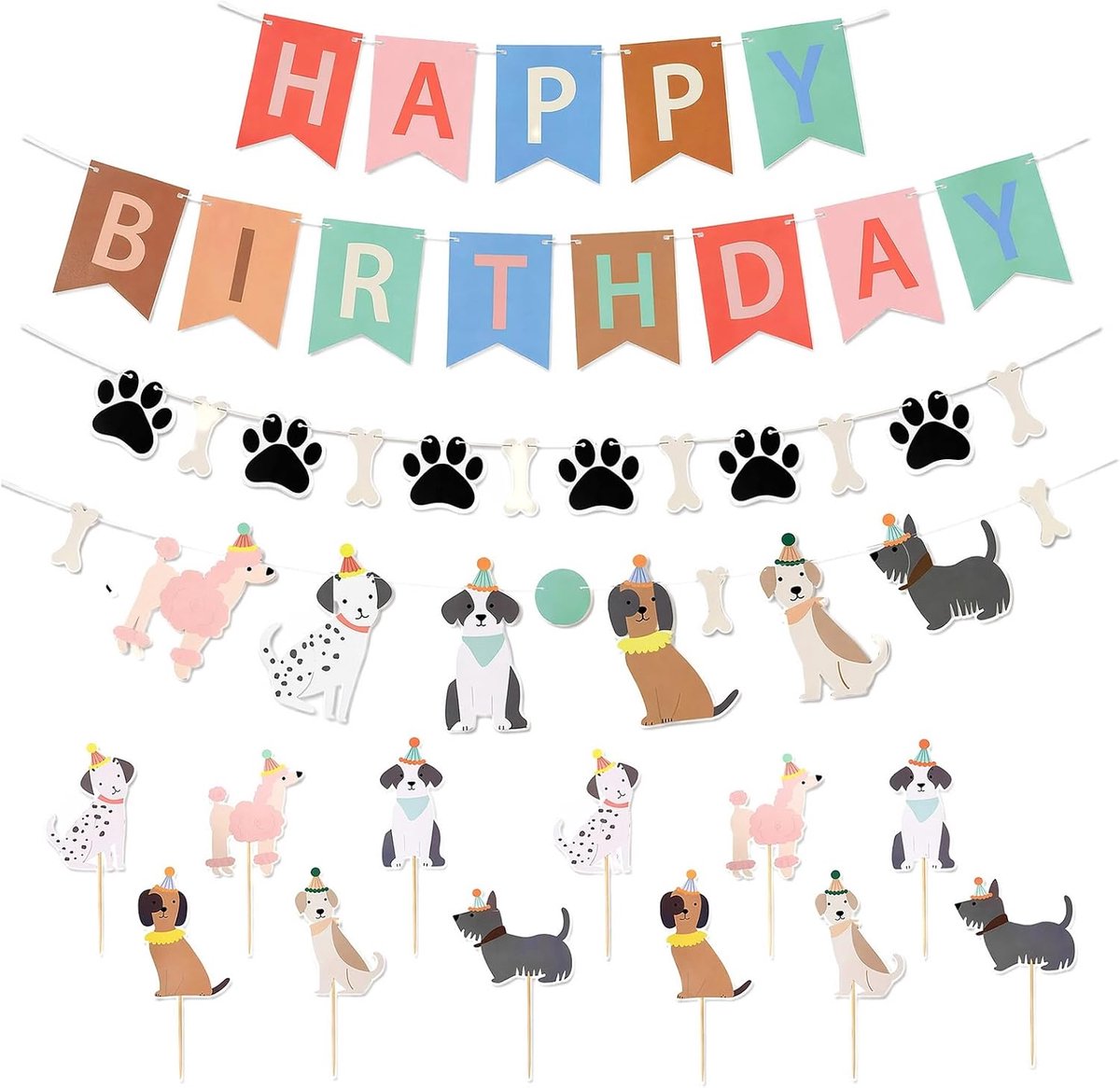 Verjaardagsdecoratie voor honden - schattige hondenmotieven - kleurrijk en feestelijk - perfect voor puppyfeest - ShopVlot