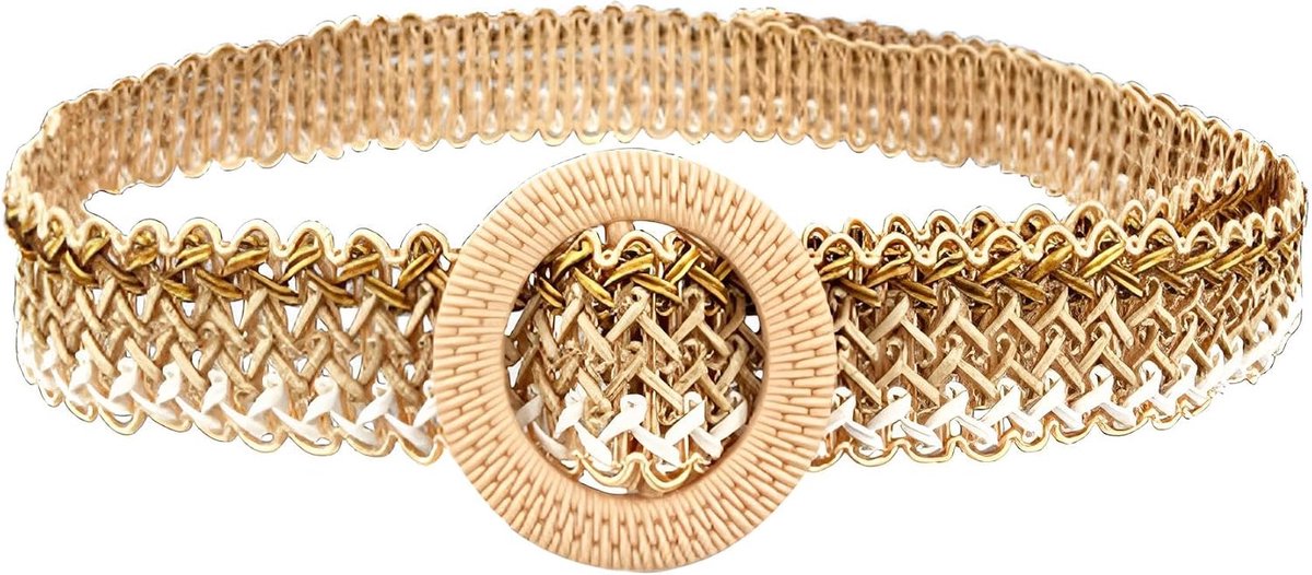 Vrouwen vintage stijl brede elastische zomer gevlochten riem - beige - bohemian ronde gesp - ShopVlot