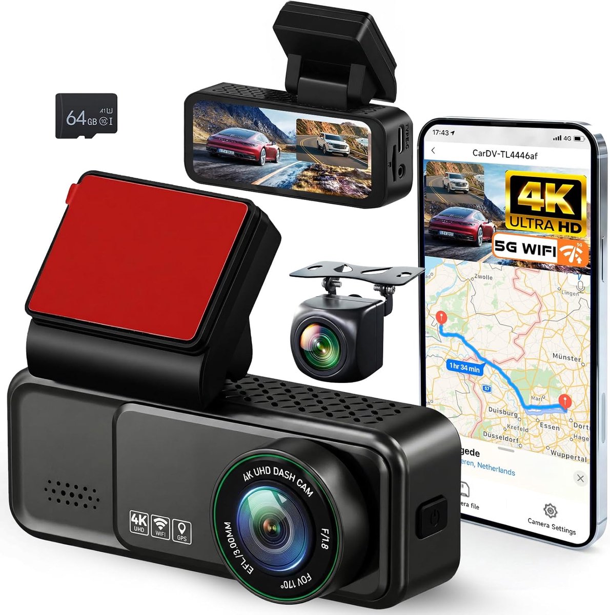 Dashcam auto 4K wifi - 3,16 inch IPS-display - nachtzicht - 24 uur parkeermodus - ShopVlot