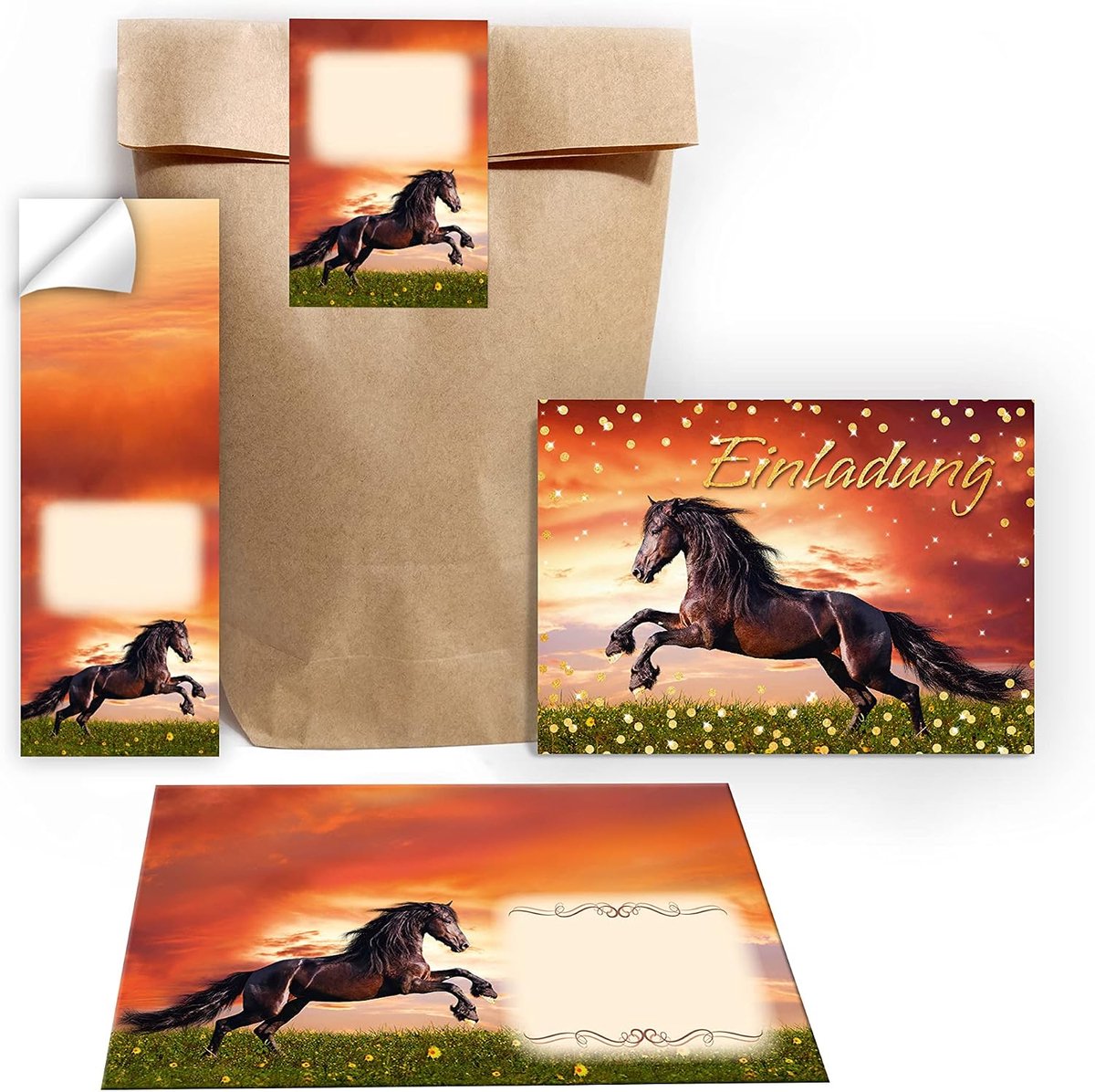 Uitnodigingen kinderfeestje meisjes - 12 kaarten bruin met paarden - incl. enveloppen en stickers - ShopVlot