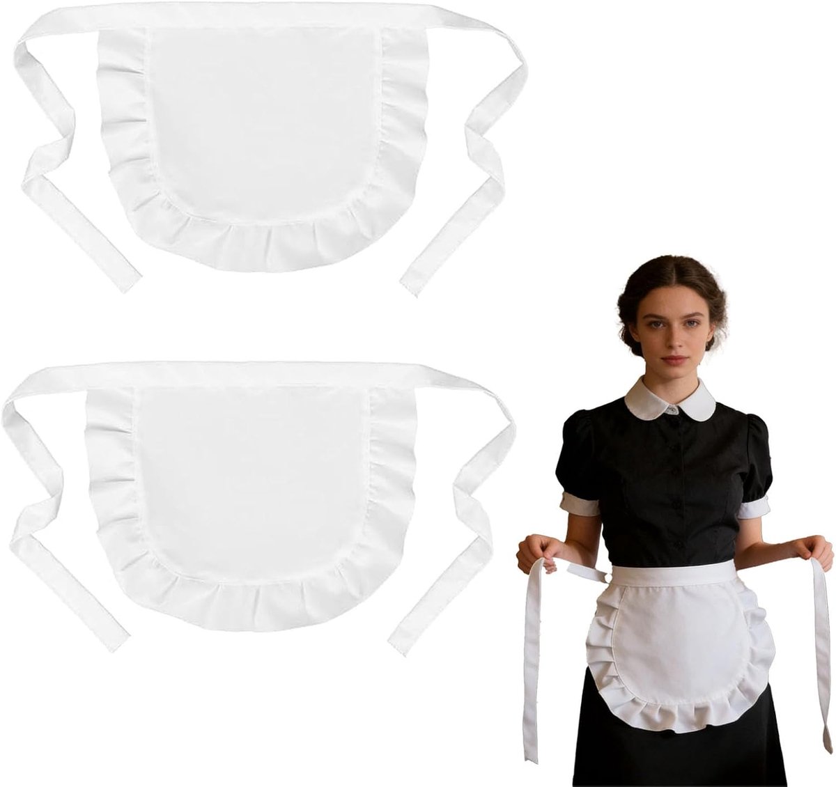 2 Pieces Ladies Waist Apron Waitress Apron White Ruched Apron Adjustable Half Apron Retro Kitchen Cleaning Apron - ShopVlot