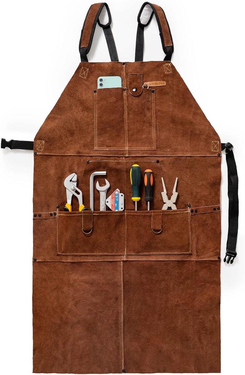 YESWELDER Cowhide Leather Welding Apron Heavy Duty - Length 100cm, 6 pockets, adjustable straps, heat and flame - ShopVlot
