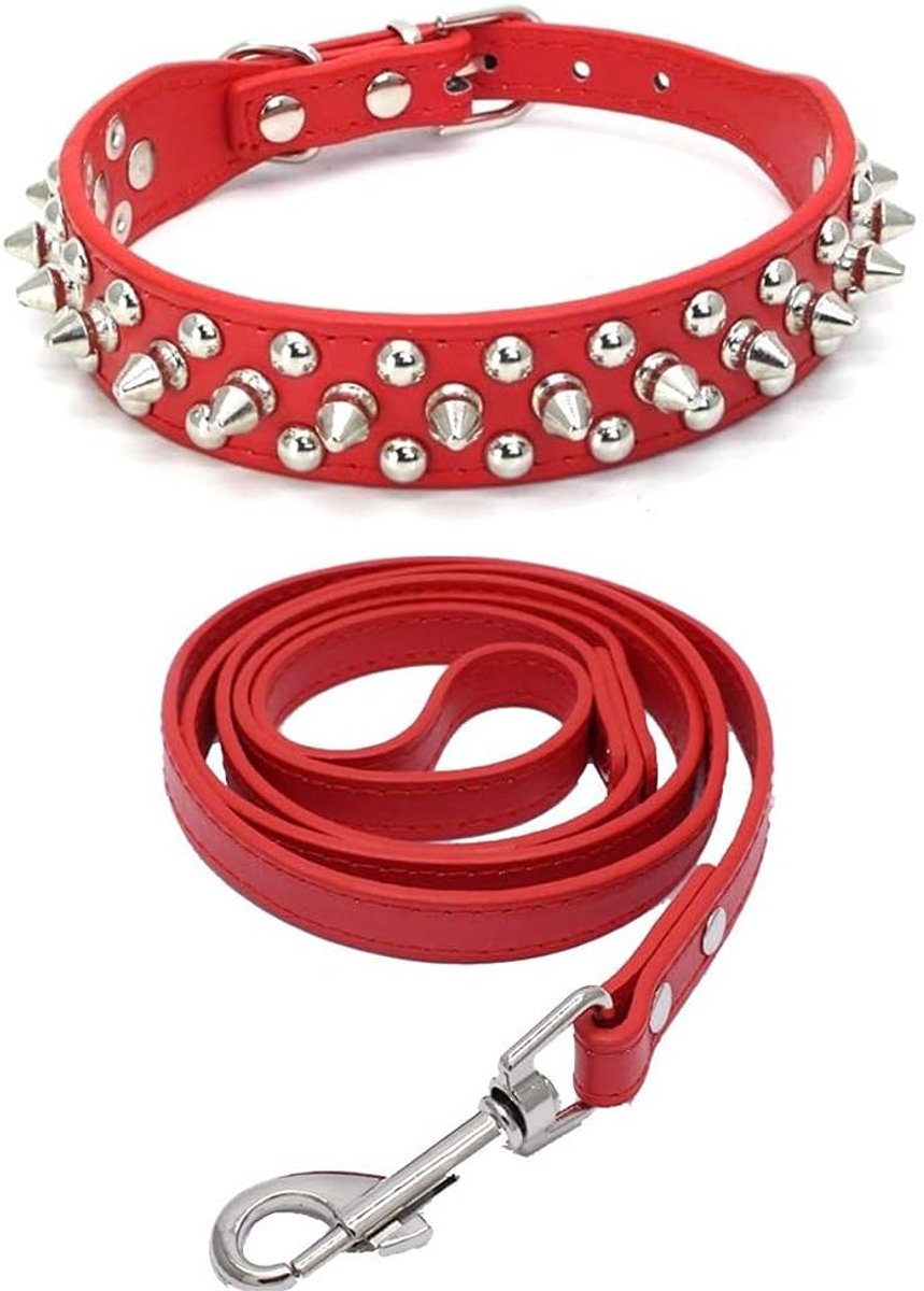 Spiked Leather Dog Collar Belt Set, Ball Nail Rivet Collar, Leather Dog Collar With Studs, For Medium Size, Pitbull - ShopVlot