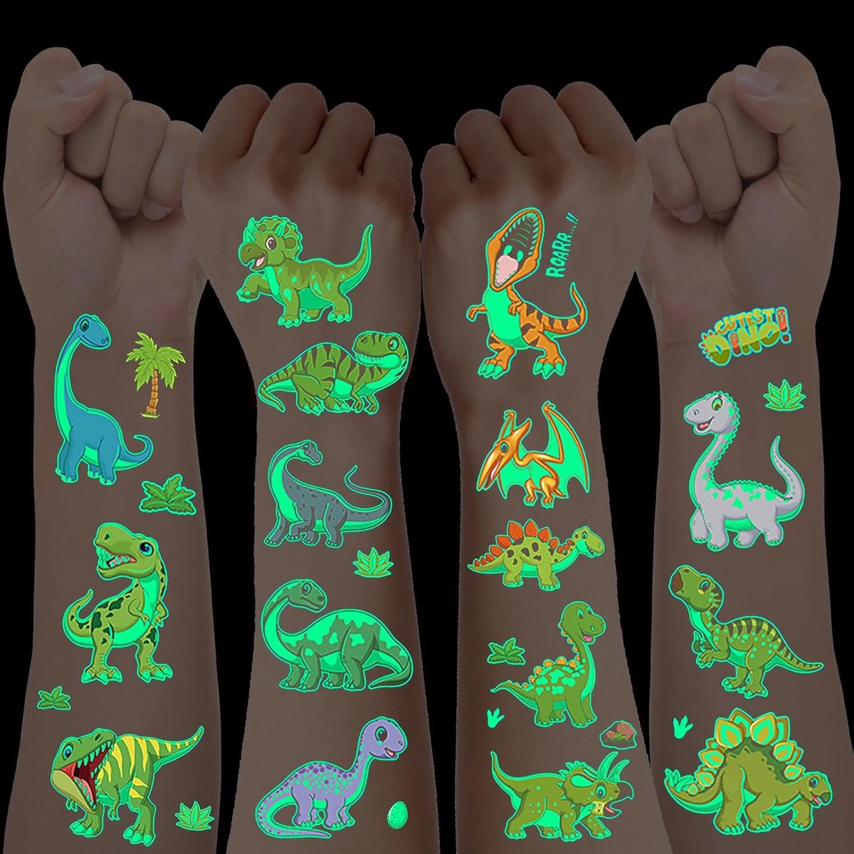 10 vellen 100+ stuks lichtgevende tatoeages voor kinderen, dino-tatoeages voor kinderen, jongens, dinosaurusspeelgoed, dino-stickers, dino-stickers, verjaardagsdecoratie, geschenken, kinderverjaardag,