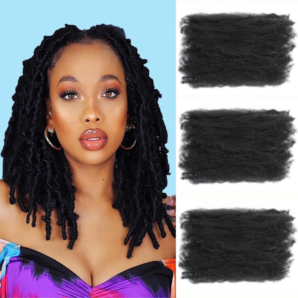 Kinky Curly Braiding Bulk Hair Set van 3 krullende Marley Twist haarextensies voor Dreadlocks Spring en Mini Twist Repair Locs (1B#, 30,5 cm)
