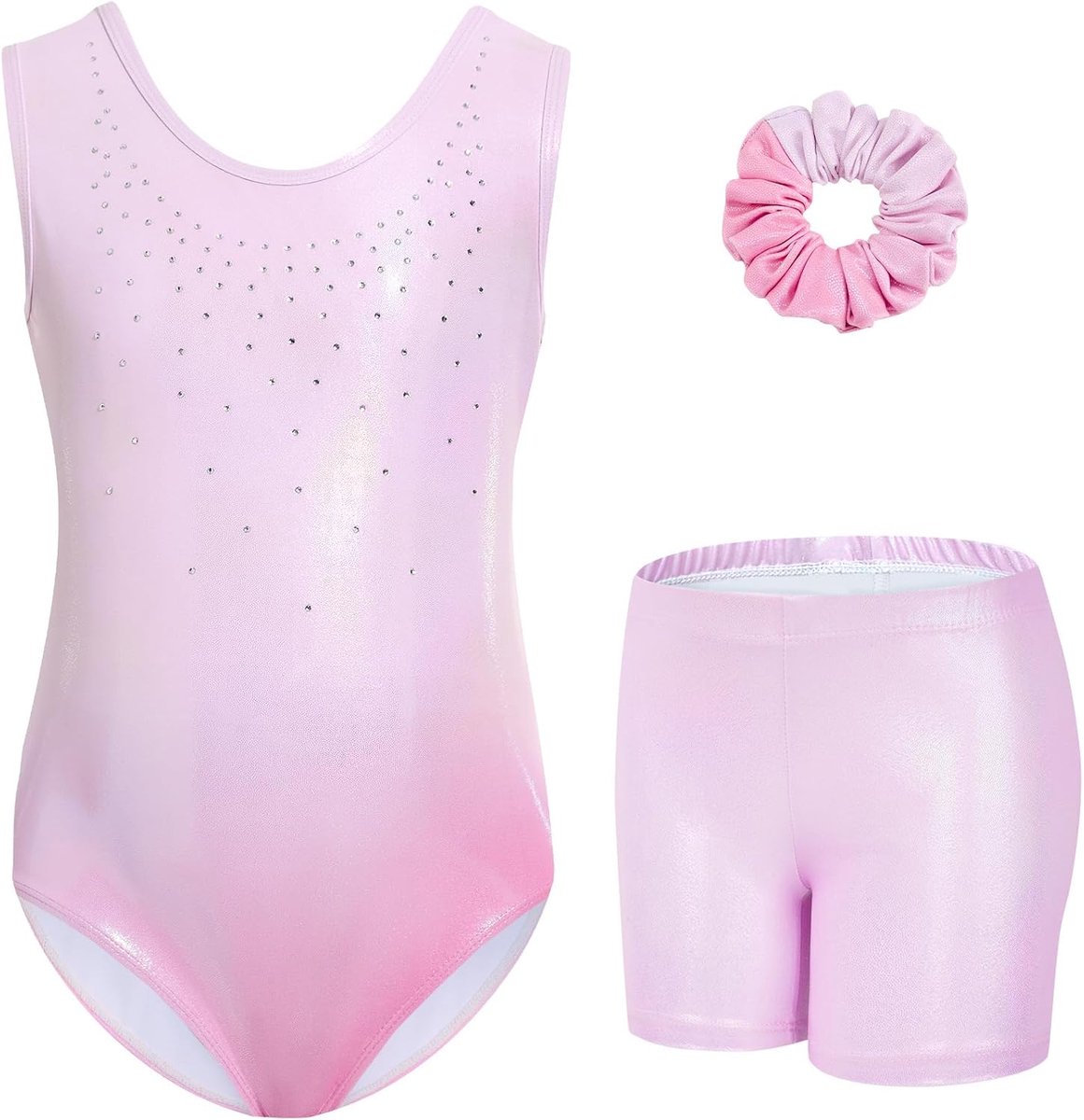Gymnastiekset voor meisjes, driedelig, mouwloos turnpakje met een korte broek en haarband, sprankelend balletpakje, danspakje, gymnastiekoutfit met kleurverloop, voor 3-12 jaar