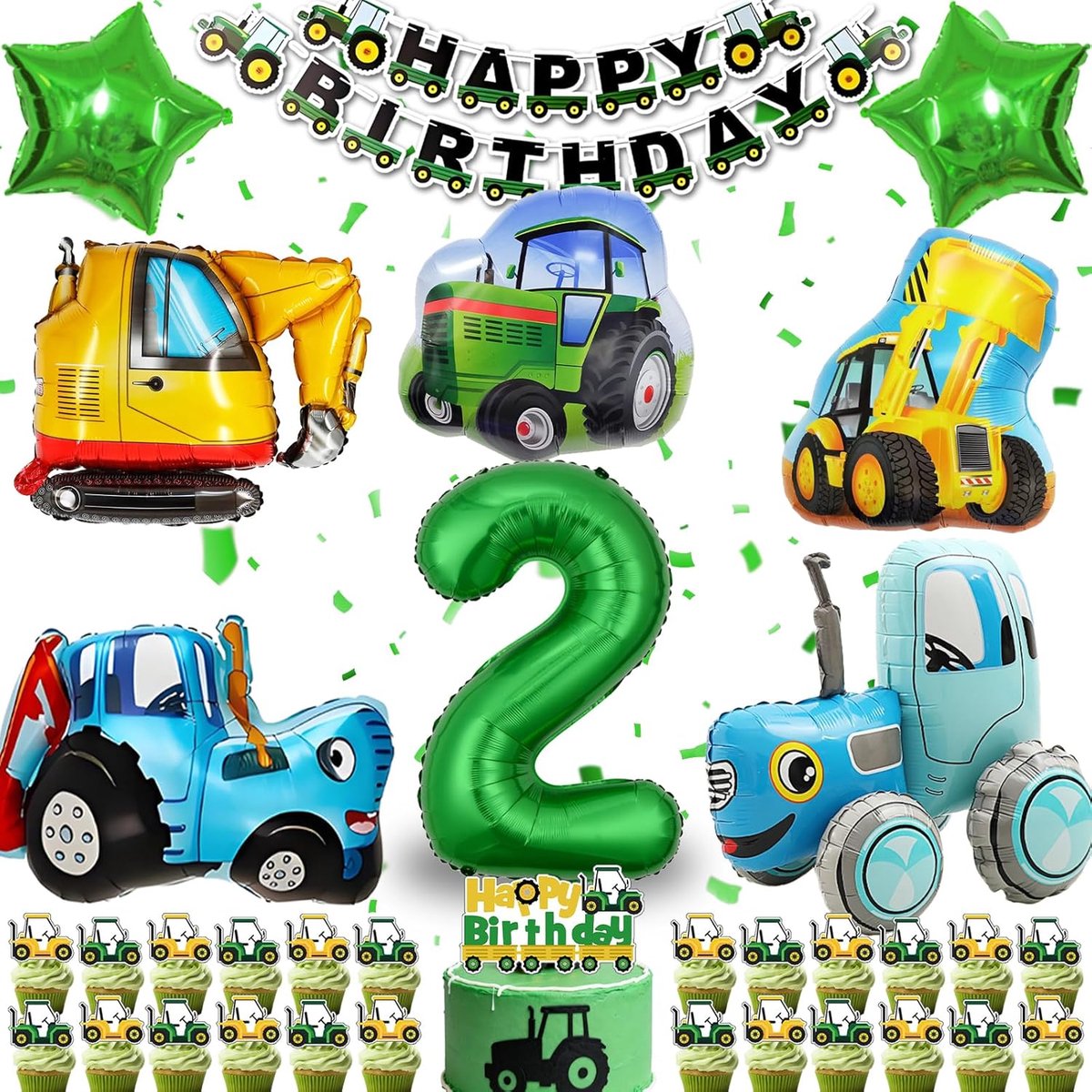 Verjaardag Ballonnen 2 Jaar, Happy Birthday Slinger | Groene cijfer 2 40 inch met tractoren, bouwvoertuigen, sterballonnen, Happy Birthday slinger en taartdecoratie