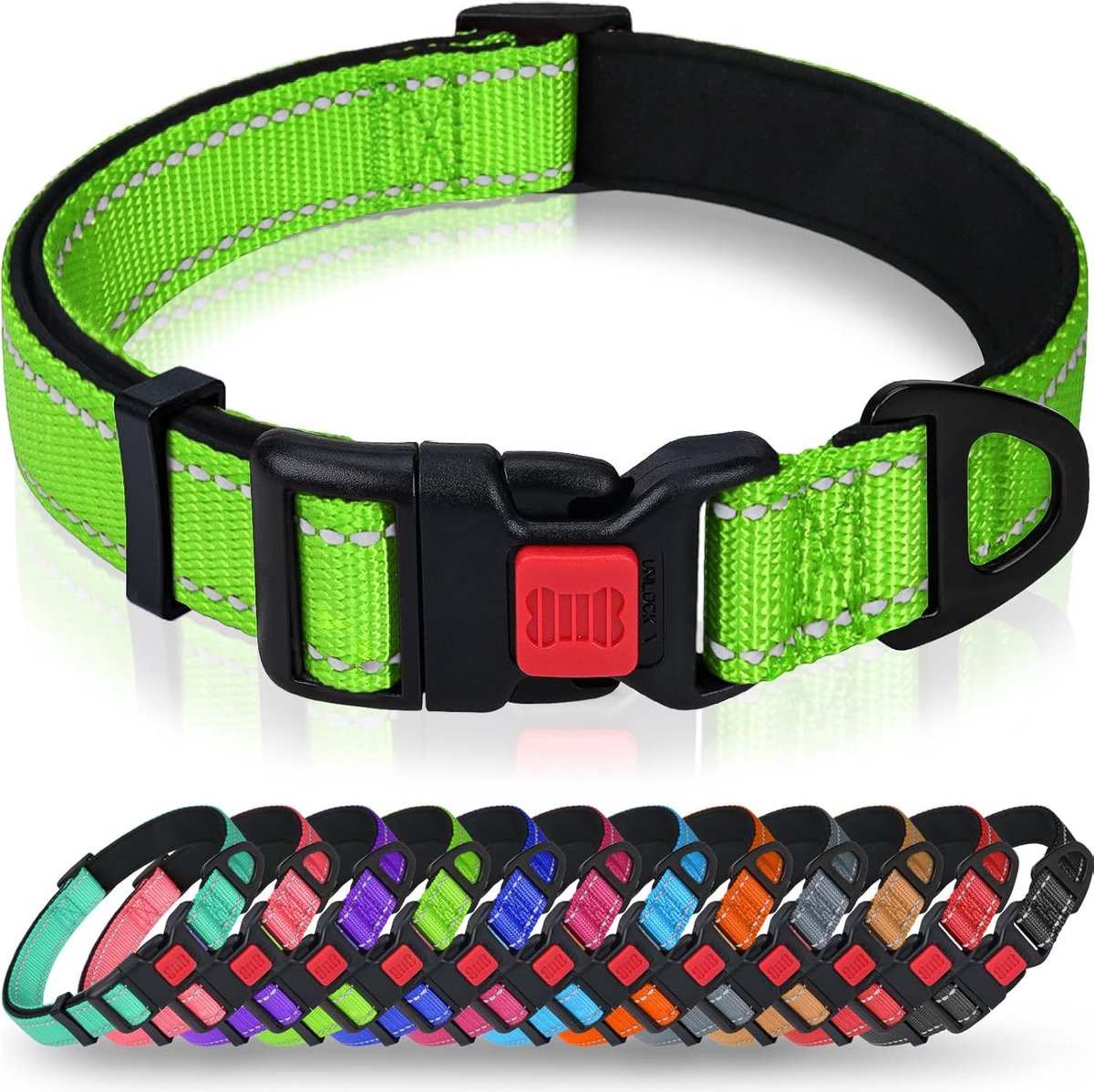 Reflecterende nylon hondenhalsband met veiligheidsgesp, verstelbare halsband, zachte neopreen voering, voor middelgrote honden, groen