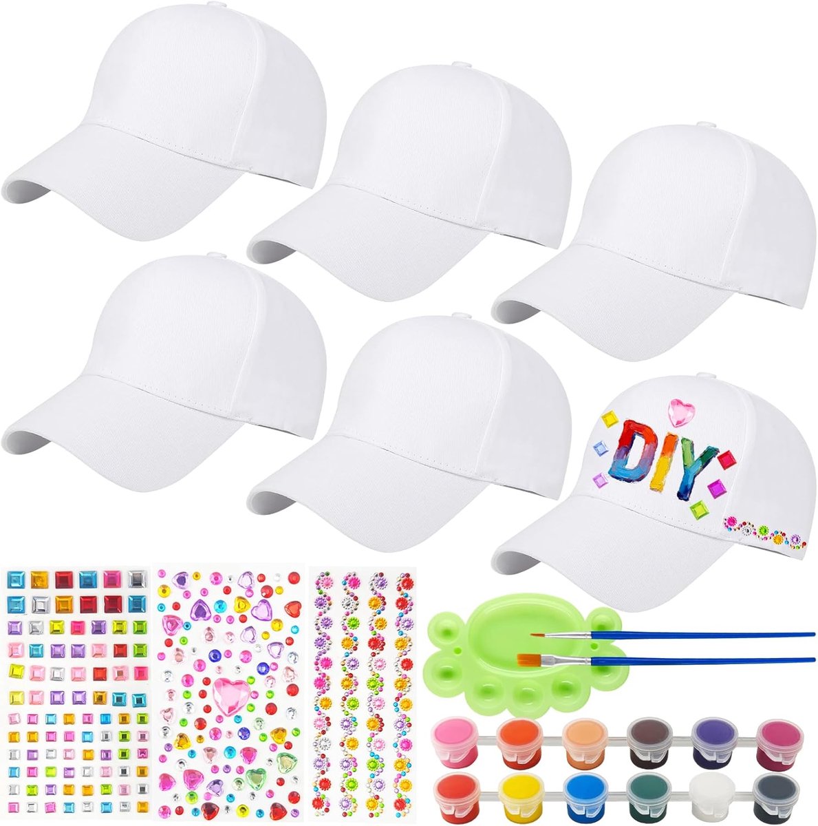 6 stuks baseballpetten voor kinderen, zelfgemaakte graffitipet, witte baseballpet voor kinderen, verstelbare petten en caps voor jongens en meisjes | Witte honkbalpet voor kinderen, hoeden en pet met verstelbare klep voor jongens en meisjes