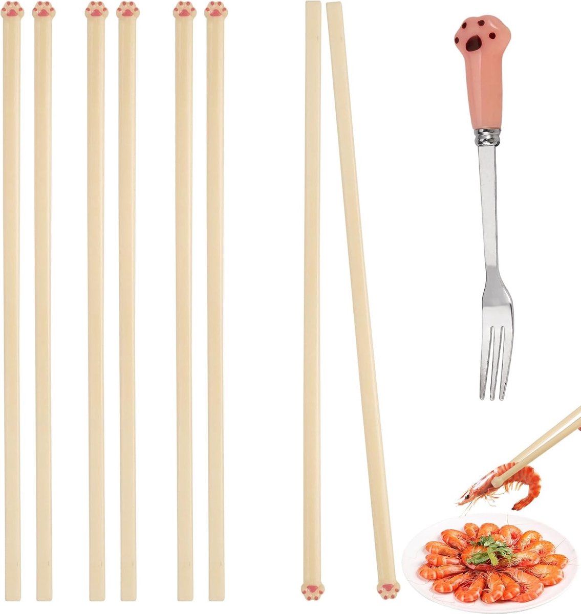 Eetstokjes met schattige kattenpoten en vork, herbruikbare en antislip eetstokjes voor feestjes, dierenliefhebbers en restaurants, 24 cm lang