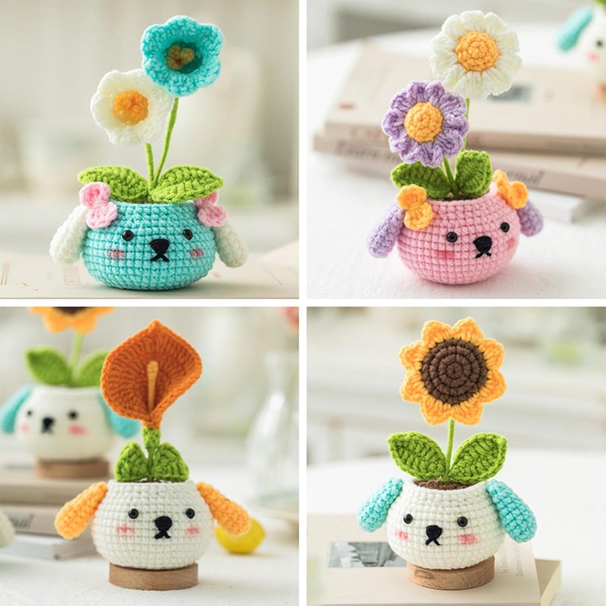 Haakpakket voor Beginners, 4-pack Potplanten Haakpakketten voor Beginners met Stapsgewijze Videotutorials, DIY Knutsel- en Haakset met Dieren