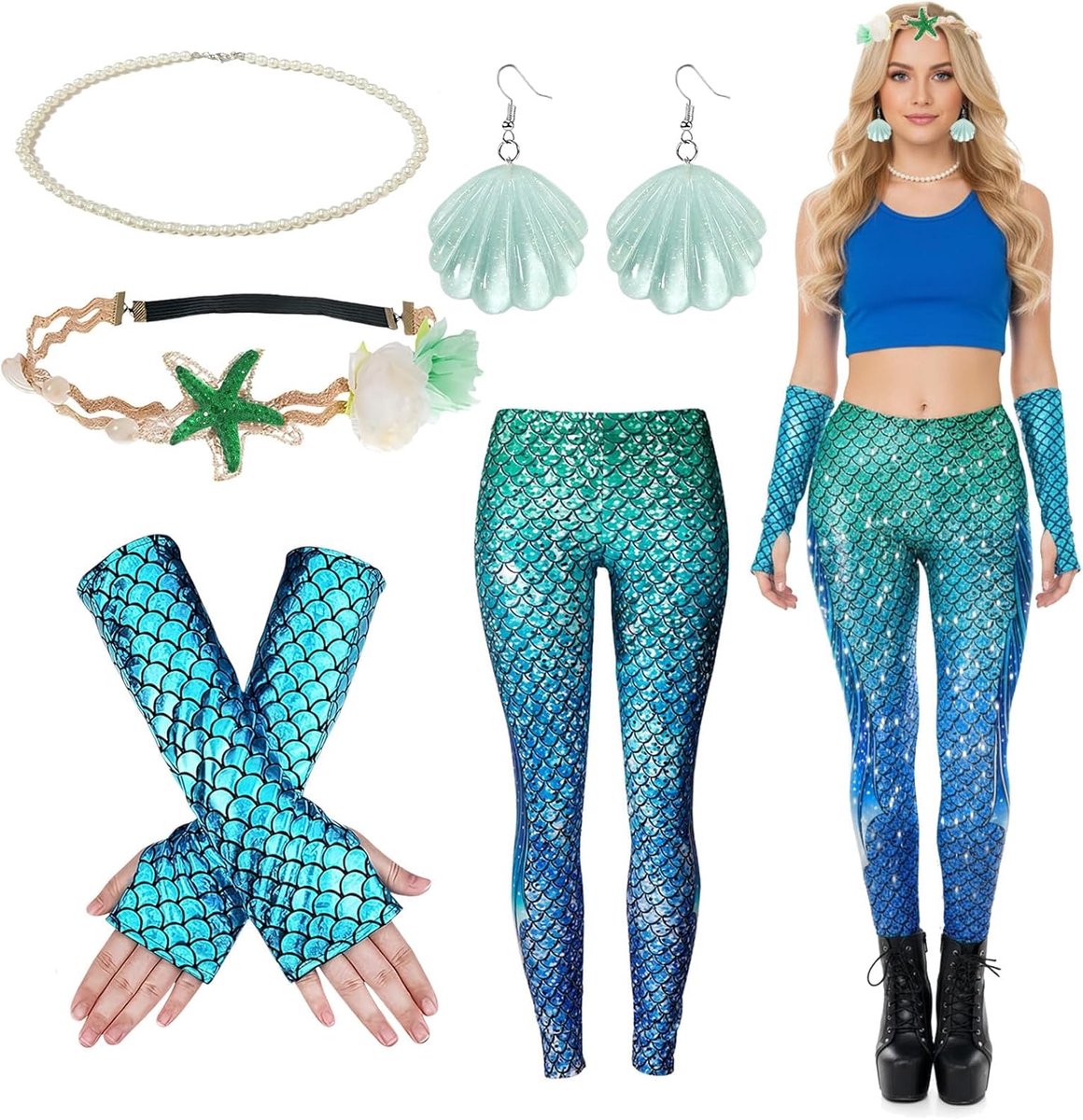 Zeemeerminkostuum voor dames, leggings, zeemeermin kostuum, accessoires, voor carnaval, cosplay