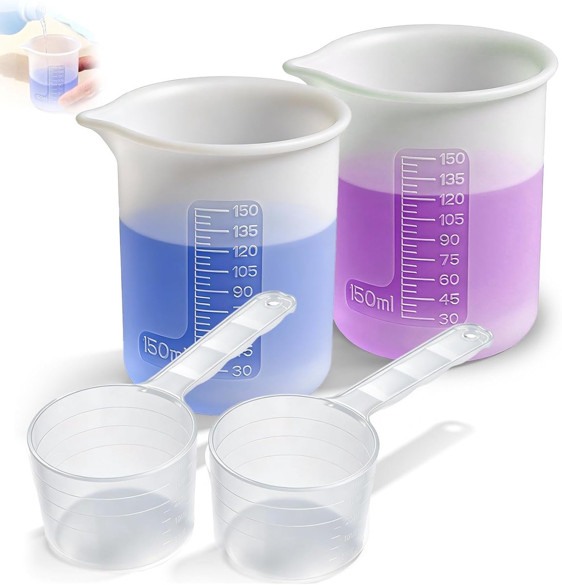 Maatbekers 150 ml + 2 stuks maatlepels voor wasmiddel, 50 ml, maatbekers van siliconen, met meetschaal, herbruikbaar, wasmiddeldoseerder voor vloeistof en poeder