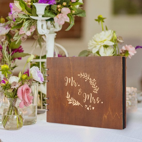 Houten Bruiloft Gastenboek Mr&Mrs Gastenboek Foto Memory Album met 80 zwarte pagina's voor huwelijksreceptie, jubileum, verjaardag (21cm) van houten — afbeelding 4